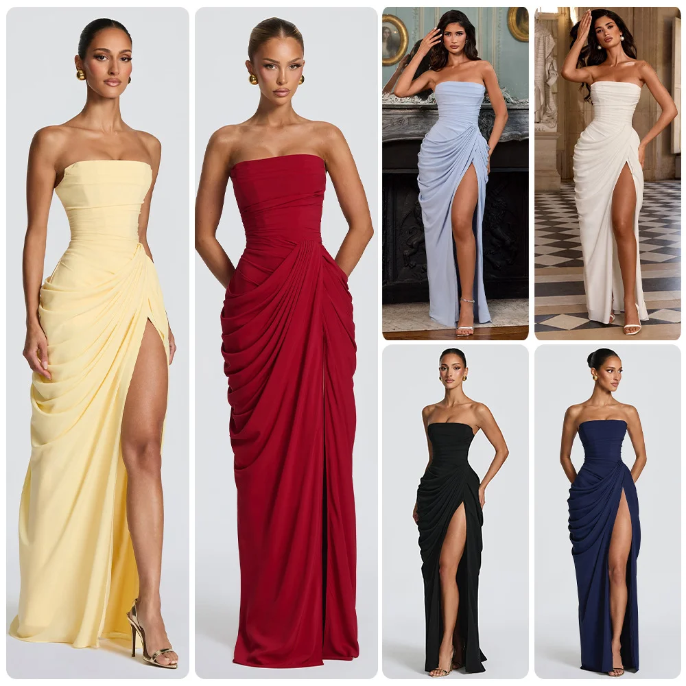 FL Women Sexy Solid Pleated Strapless Dress Lady Chic Off-shoulder Backless High Waist Split Dresses 2026 New Evening Party Gown