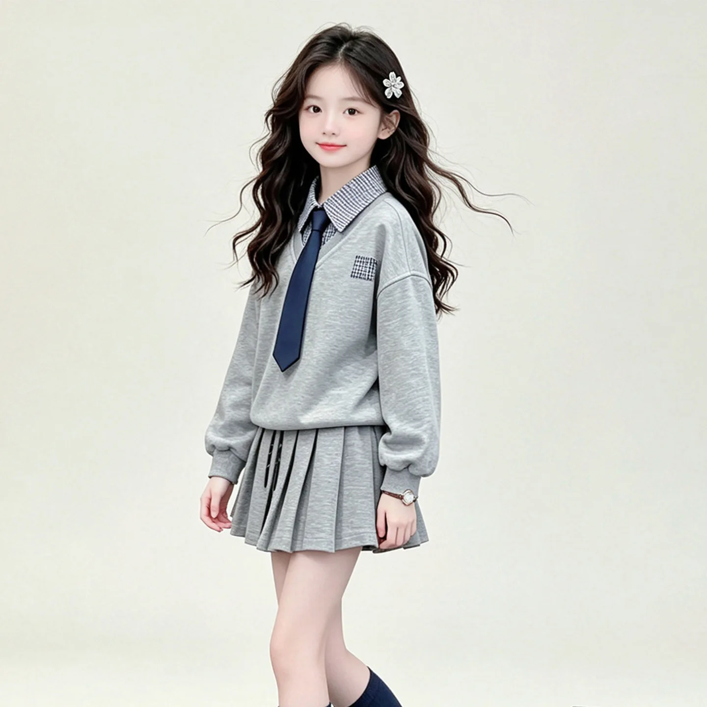 2026 Gilrs Autumn Winter Teenager Cloth Suit Child Set Hooded Plaid Lapel Collar Top + Pleated Skirt School JK 4 To 12 14 Years