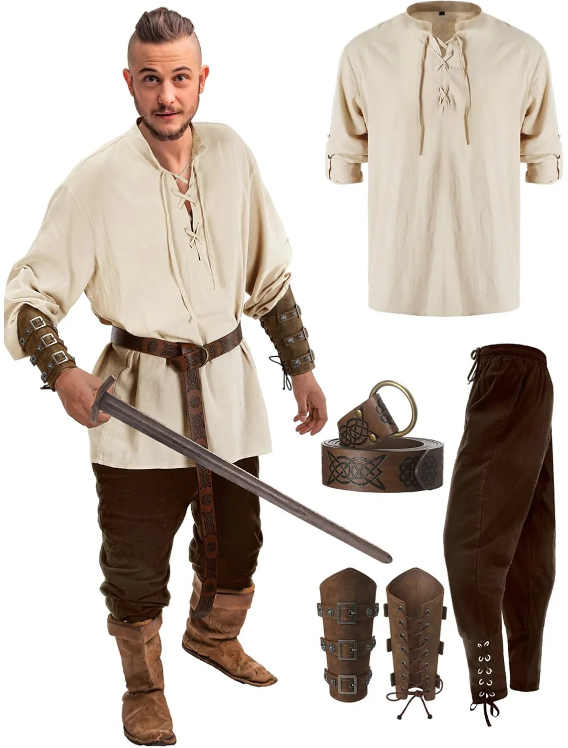 Jiuguva 4 Pcs Halloween Men\'s Renaissance Costume Set Medieval Pirate Shirt Ankle Banded Pants Viking Belt Accessories