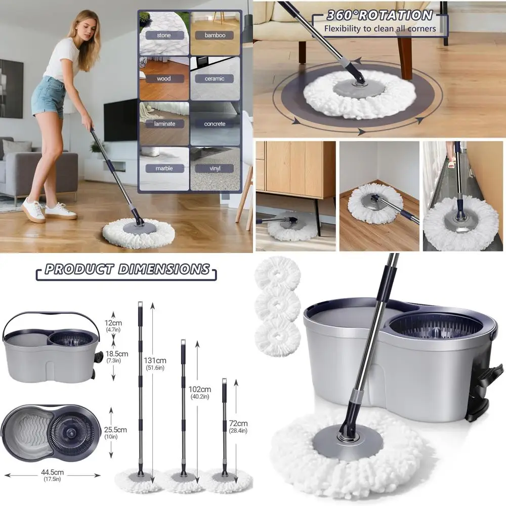 

Швабра из микрофибры с ведром на педальном приводе и 3 сменными насадками — идеально подходит для полов дома и офиса