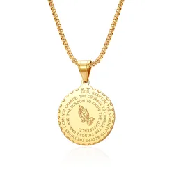 Hip Hop Men's Cross Bible Praying Hands Necklace For Men Gold Color Stainless Steel Chain Round Pendant Religious Jewelry Gift