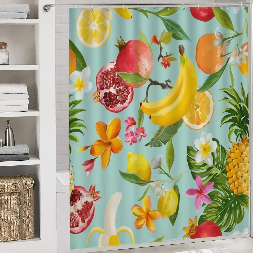 Pomegranate Shower Curtain Fresh Summer Fruits Garnet Berries Blossom Floral Pattern Shower Curtains Waterproof Bathroom Decor