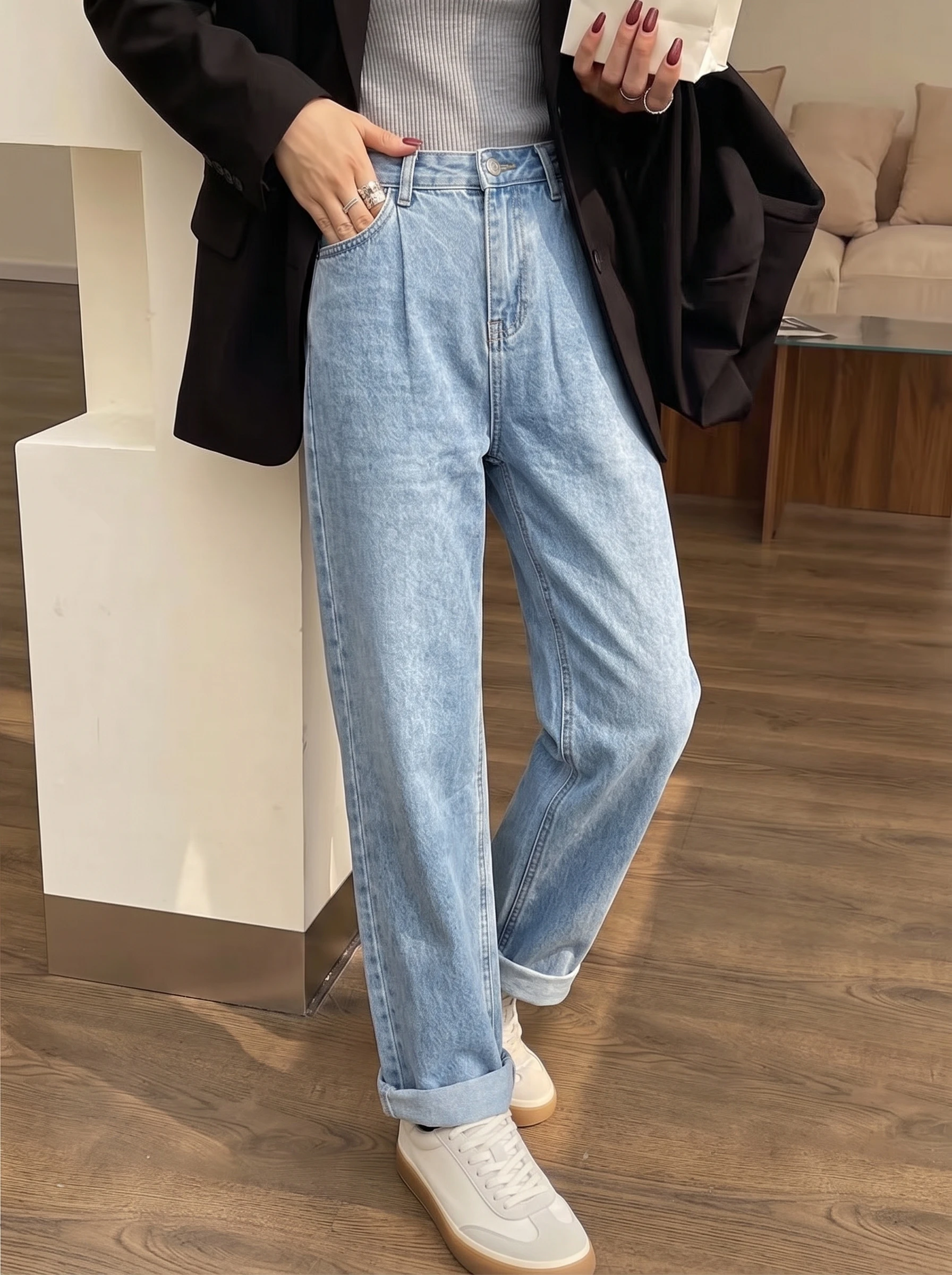 Women Mid Waist Straight Jeans Non Stretch Light Stone Wash Pale Blue Denim Pants Roll Up Hem Casual Trousers