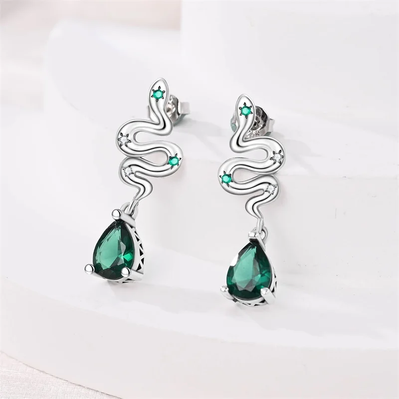 Snake Earrings 925 Silver Green Zircon Mysterious Spirit Snake Ear Studs For Women Formal Anniversary Birthday Party Jewelry