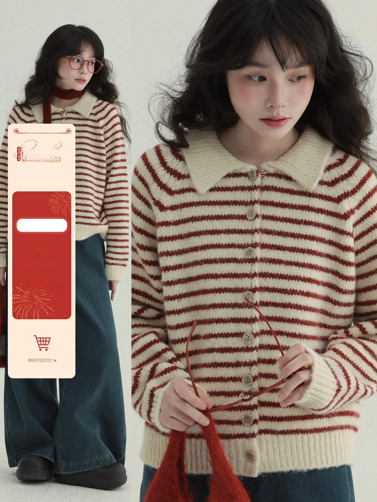 

Rare Stberry Layered Red Stripe Flip Collar Sweater Sweet Sle Soft Plump Women's Top Casual Fit Knitted Thi Long Sve