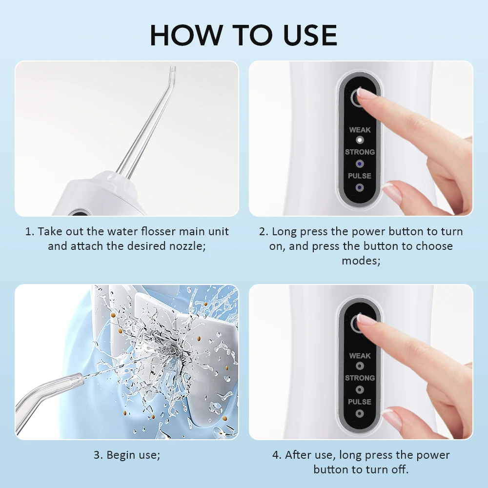 

Портативный ирригатор для полости рта 220 мл, 3 режима, 4 насадки, для дома и путешествий, электрический очиститель зубов, удалитель зубного камня