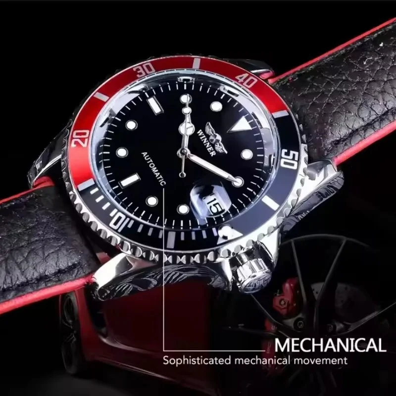 WINNER 002 أزياء الرجال الميكانيكية ووتش الفاخرة نمط التقويم ليلة ضوء الأعمال أسود أبيض كلاسيكي ساعة أوتوماتيكية للرجال