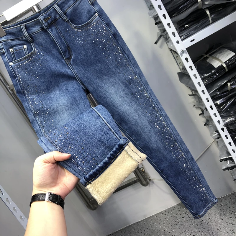 

Thicken Fleece Blue Denim Trousers 2022 New Winter Stretch High Waist Slim Pencil Pants All-match Hot Drilling Floor-length Jean