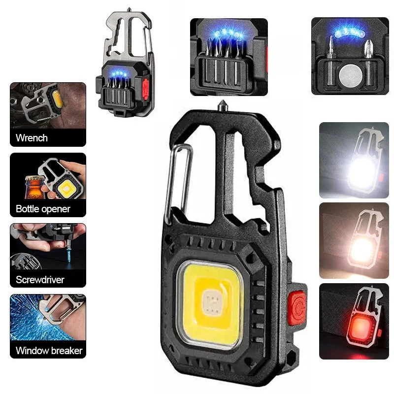 COB Keychain Work Light with Battery Display 8Mode Rechargeable High Lumens Portable LED Light for Camping Hiking Running