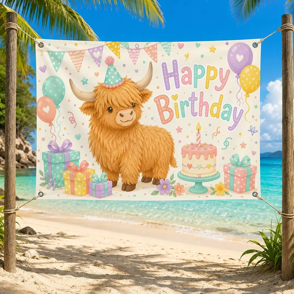 Highland Cow Happy Birhday Flags Fade Resistant Flag Washable Lightweight HD Print Indoor Outdoor All-Weather