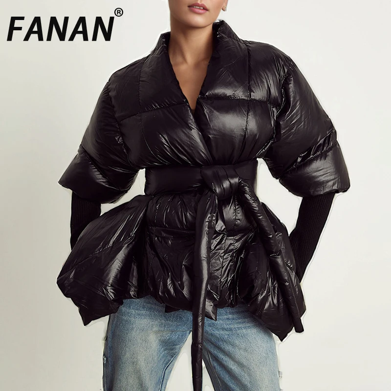 

FANAN Elegant Belt Gathered Waist Cotton Coats For Women Lapel Single Breasted High End Thick Warm Jackets Fashion Winter New