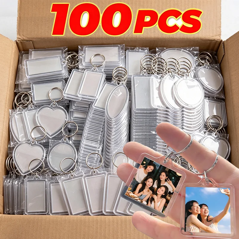 5/100pcs New Transparent Acrylic Blank Inlaid Photo Key Chains Photo Frame Pendant Keyring Holder DIY Split Keychain Accessories