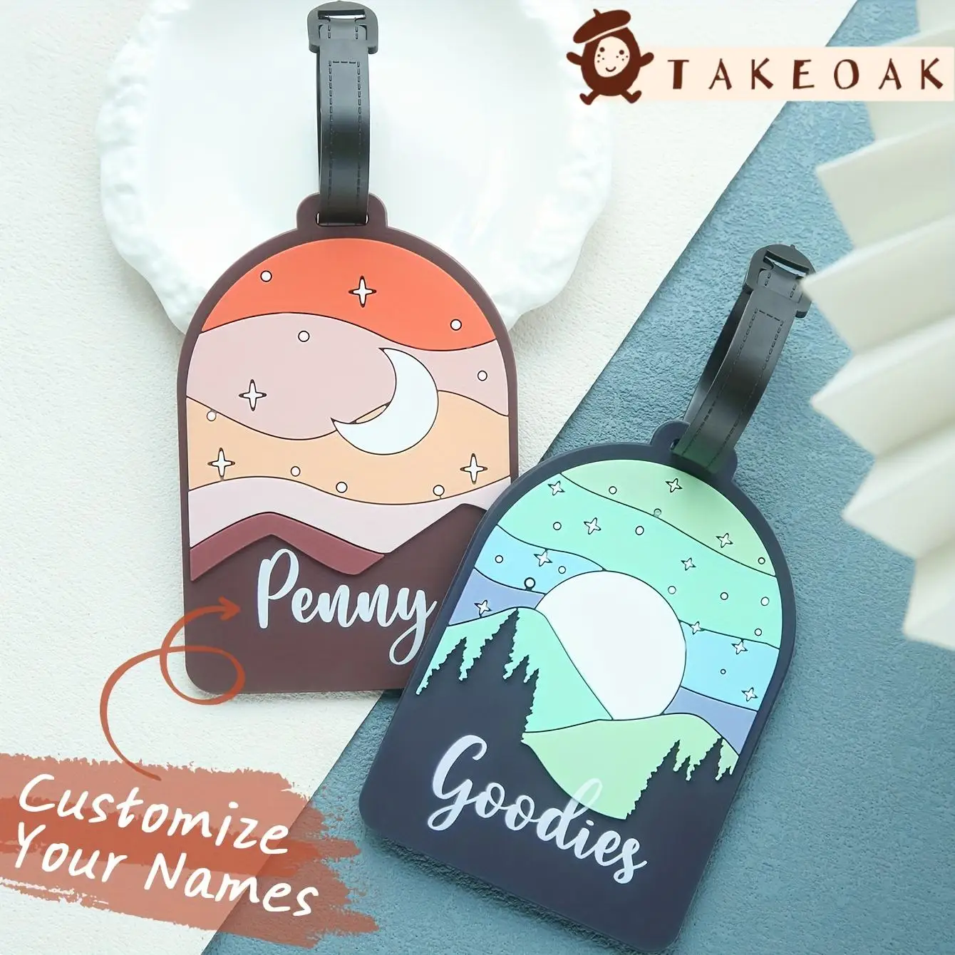 Couple 2Pcs Set Custom Cursive Full Name Retro Mountain Star Moon Landscape Silicone Luggage Tag Adjustable PU Leather Strap