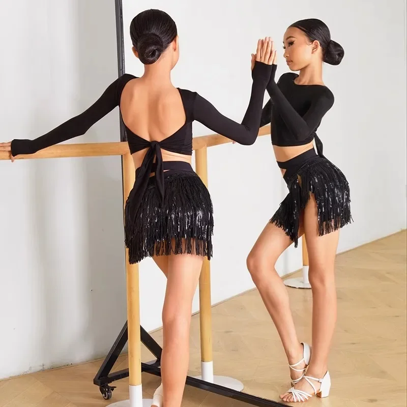 

customized high waisted half skirt with tassel Latin dance costume practice outfit for girls high-end feeling with bottom pants