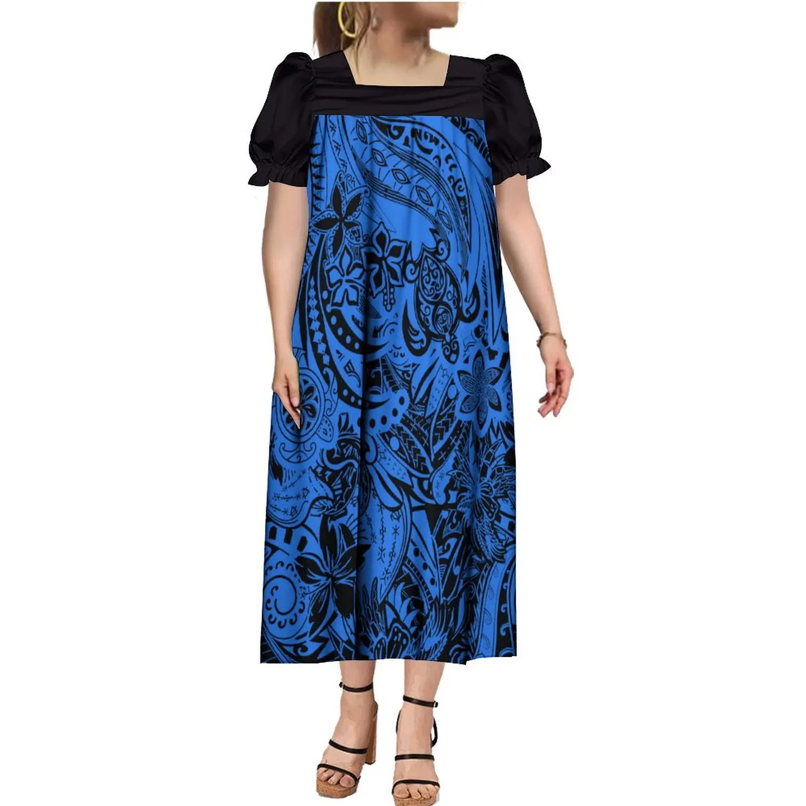 

Polynesian Puff Sleeve Women's Dress MUMU Microsian Pacific Lsland Dress Samoan Square Neck Women's Long Dress