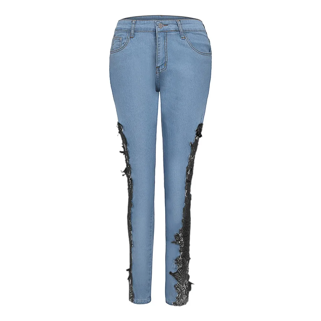 High Stretchy Distressed zerrissene Blumen applikationen Spitze aushöhlen Jeans niedrige Taille schmal geschnittene Mode Bleistift Jeans hose