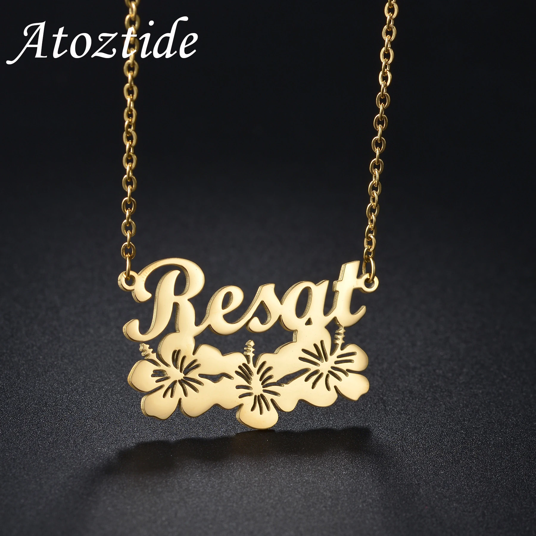 Atoztide Personalized Custom Plants Name Necklaces for Women Stainless Steel Flowers Pendant Link Chain Birthday Jewelry Gift