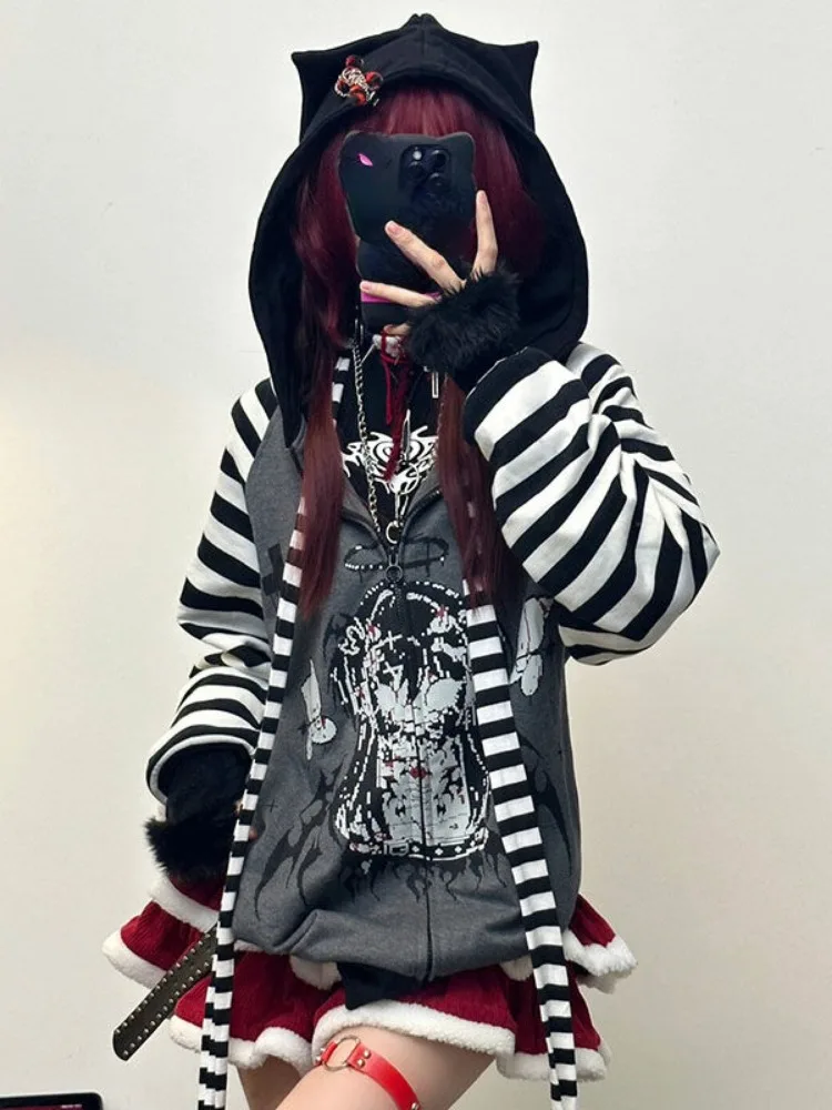 Harajuku Stripe Patchwork Hooded Tops Streetwear Oversized Y2k Aesthetic Autumn Hoody Women Grunge Printing Cat Ears Sweatshirt