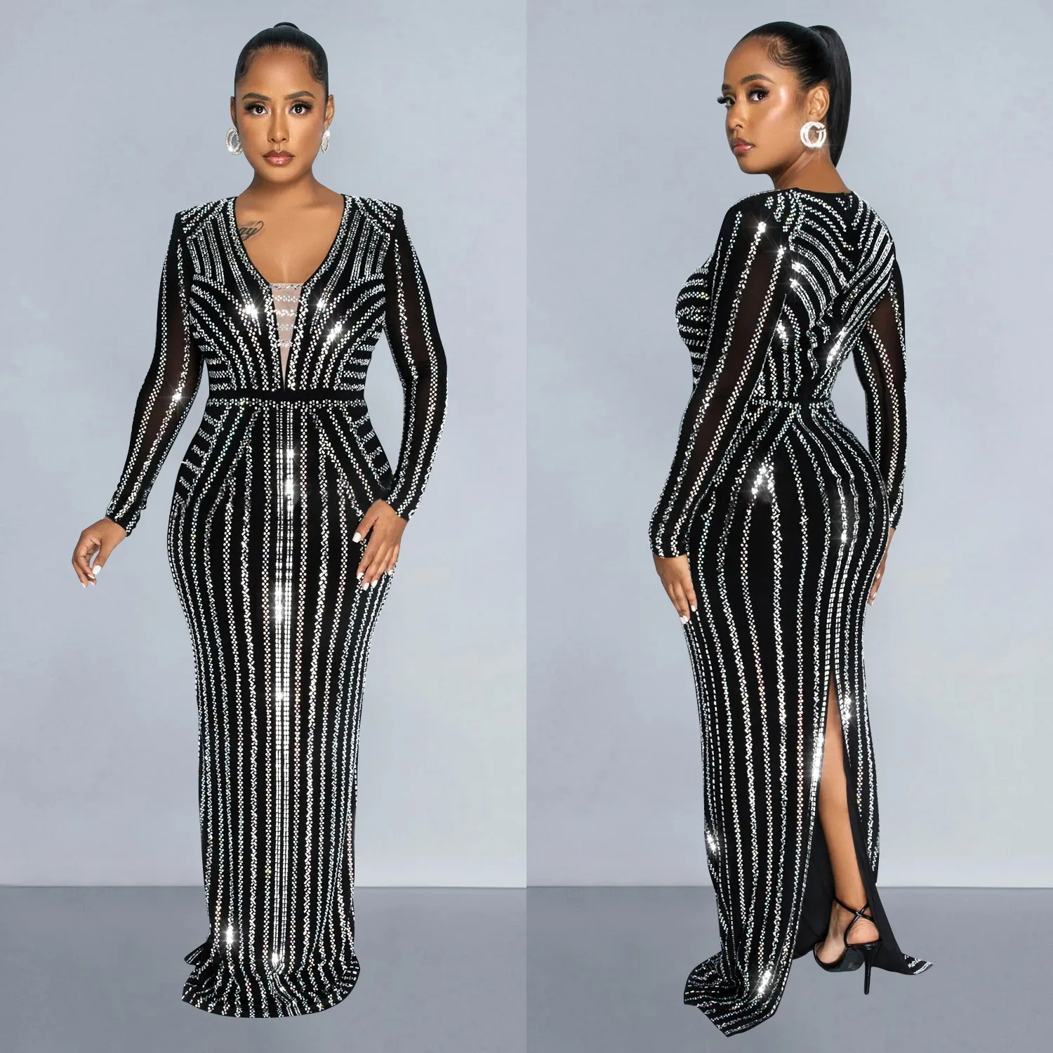 

European and American fashion women's clothing solid color hot diamond long-sleeved split-ended long dress dress
