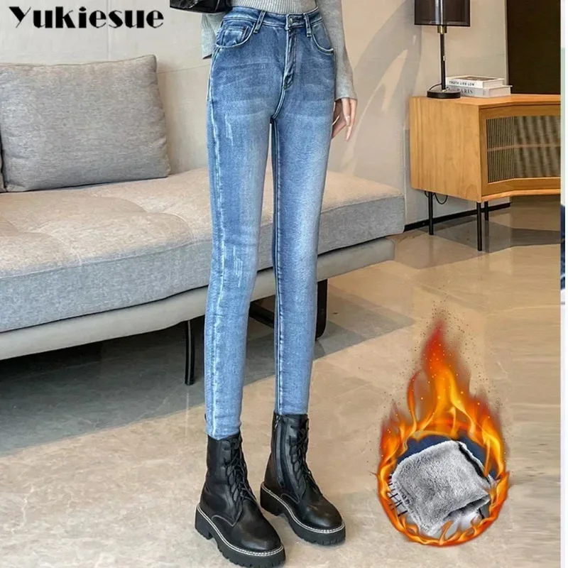 Winter Dikke Fleece Hoge taille Warme Skinny Jeans vrouwen Dikke Vrouwen Stretch Knop Potlood Broek Moeder Casual Fluwelen vrouwen Jeans