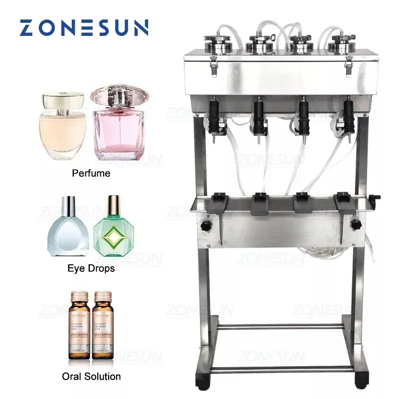 

ZONESUN 4-головочная пневматическая машина для розлива жидкостей (парфюмерия, молоко, вода, раствор для промывания глаз, косметика, напитки) в бутылки