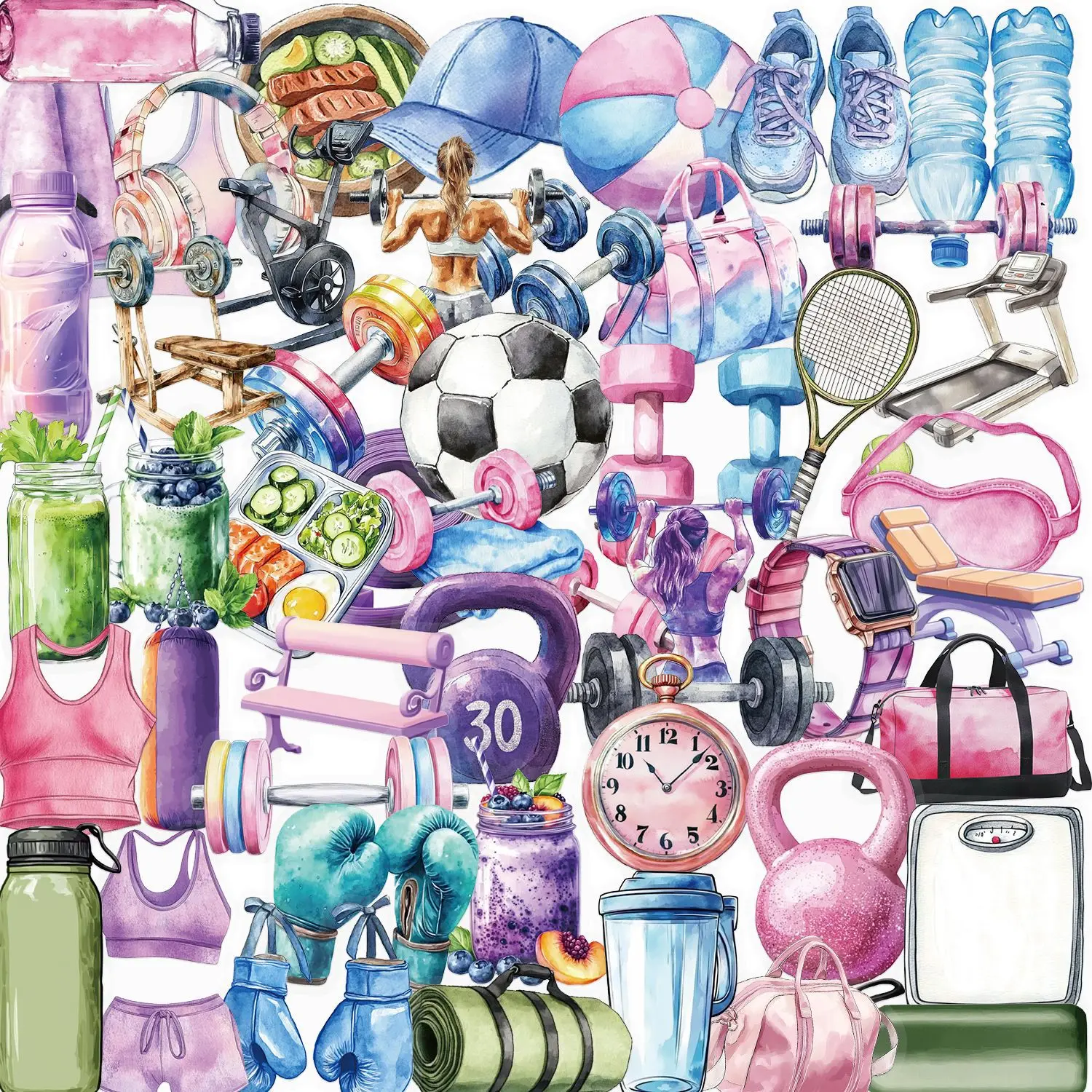 

50PCS Watercolor Fitness Healthy Lifestyle Stickers Gym Workout Meal Prep DIY Decorable Water Cup Waterproof Stickers Kids Toy