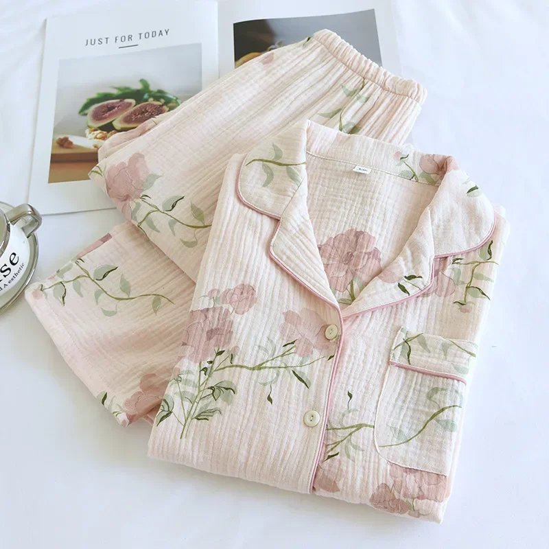 2024 New Spring and Autumn Women\'s Pajama Set 100% Cotton Crepe Long Sleeve Long Pants Two Piece Home Clothing Set Sleepwear