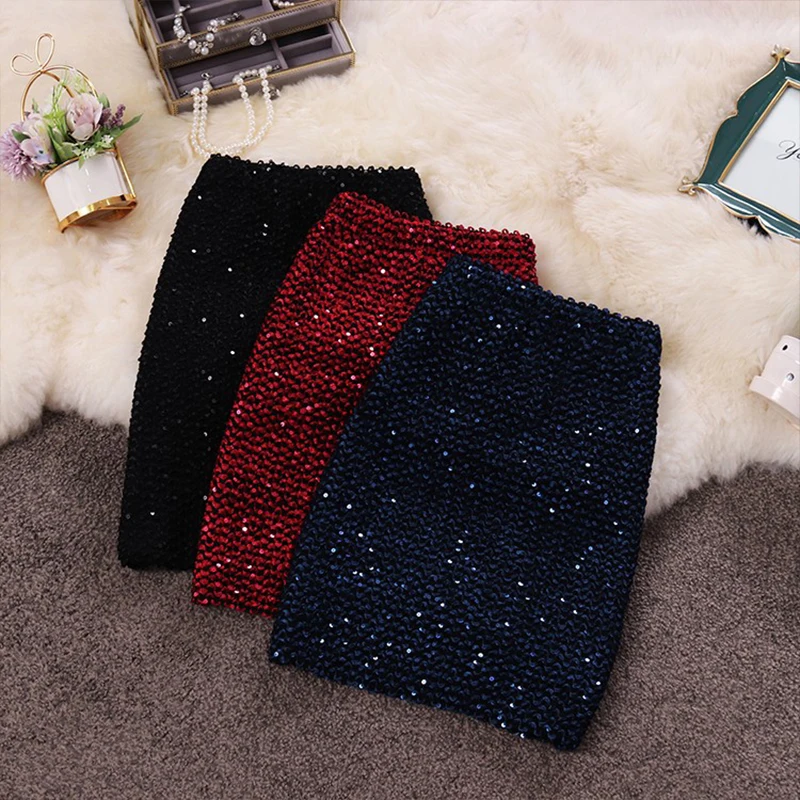 Women's Sequins Skirt Sexy Female Sparkle High Waist Stretchy Skirts Bodycon Glitter Long/mini Party Club Pencil Skirts