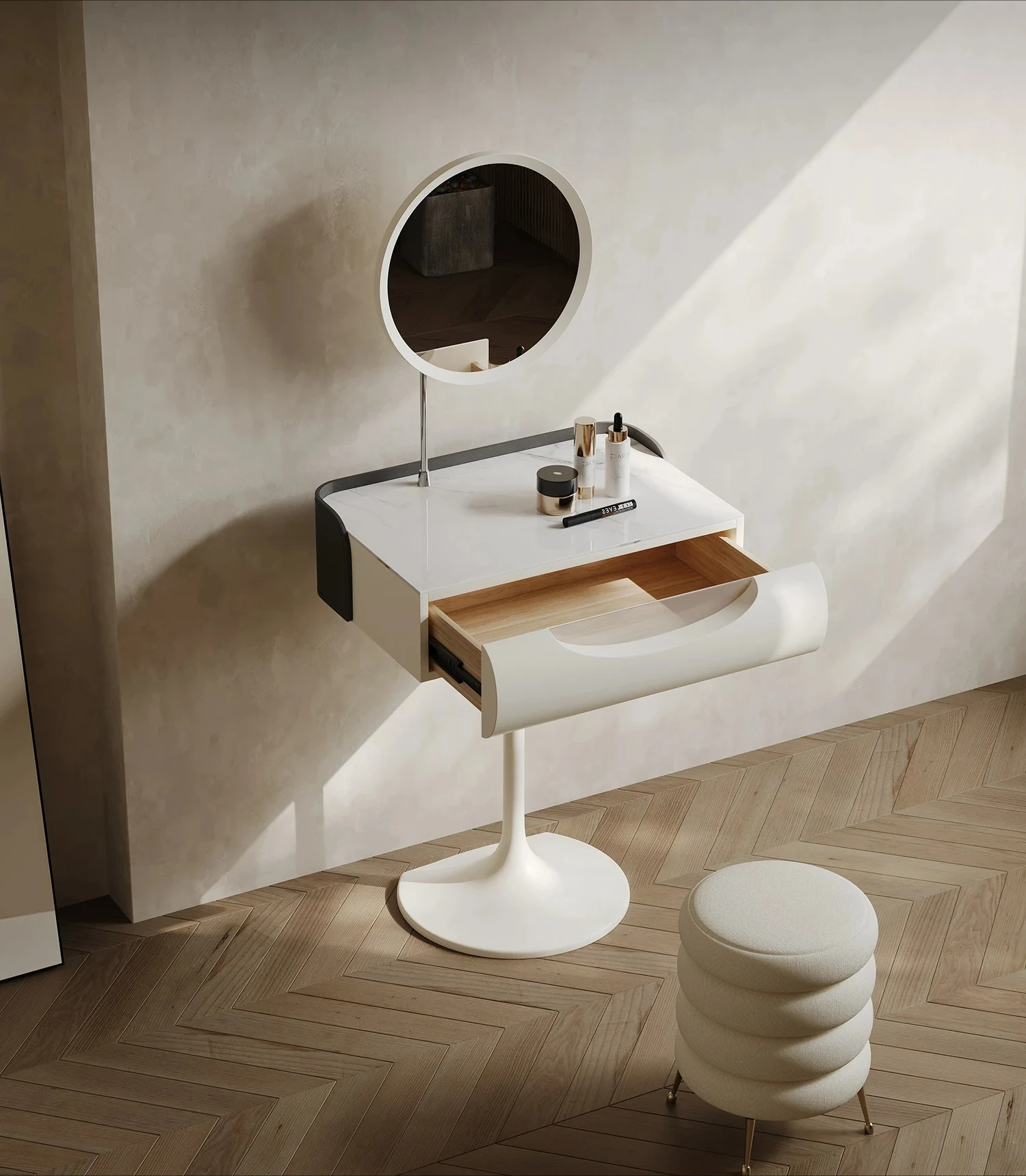 

غرفة نوم كاملة أثاث Designer Cream Solid Wood High-End Small Apartment Makeup Table Bedroom Simple Storage Paint Makeup Stool
