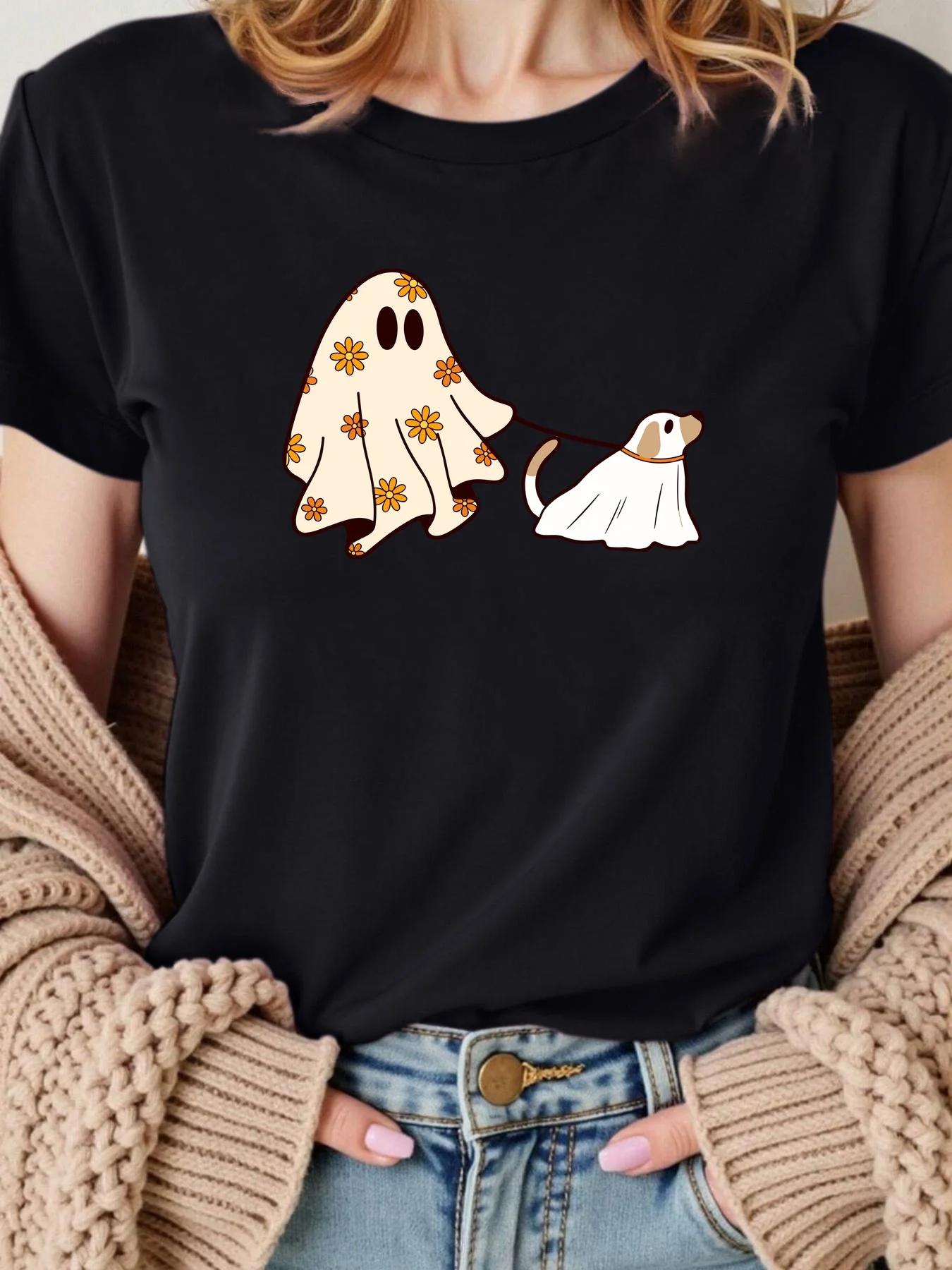 Women'S Halloween Costume Cute Walking Dog Ghosts Graphic Tee Stretchy Top Halloween Party Harajuku Short Sleeve Casual