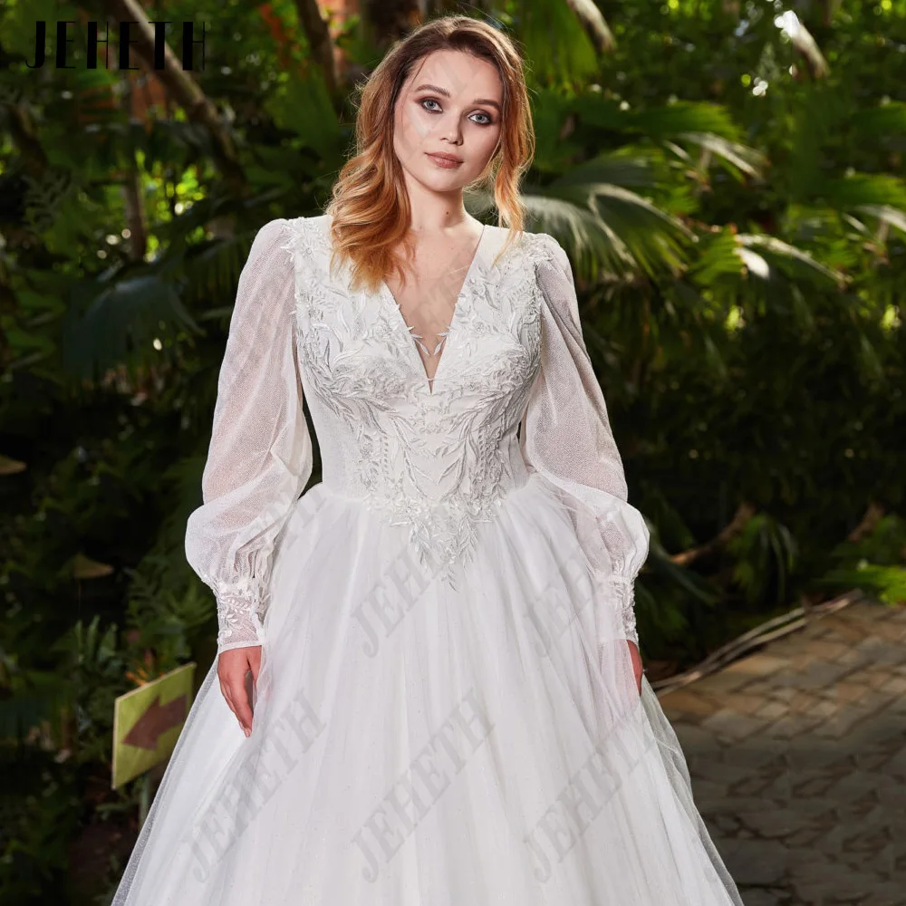 Jeheth princesse robe de mariée femmes manches longues cGuitar Hcondamned-Robe de mariée princesse pour femme, manches longues, col en V, à lacets, quelque soit le tulle, ligne A, moderne, grande taille, robe éducative