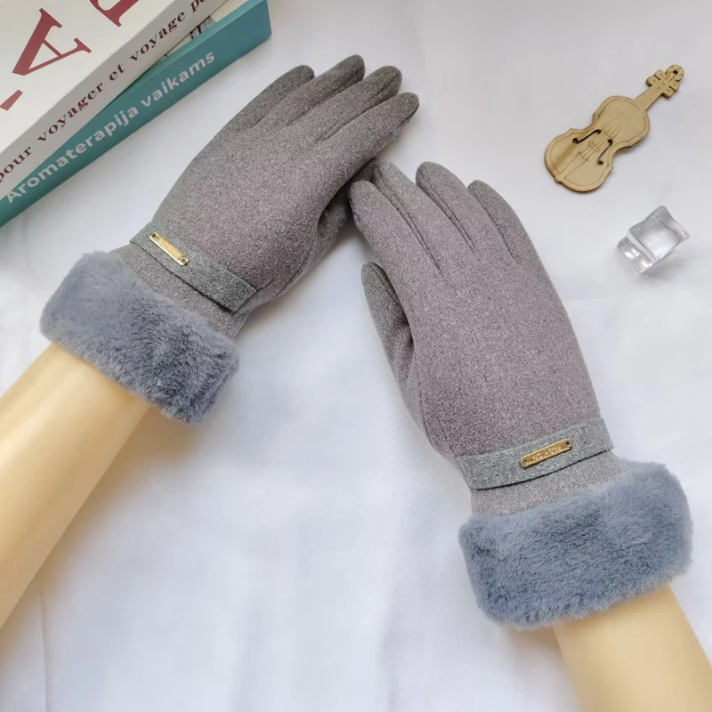 الخريف الشتاء الدافئة قفازات من جلد الغزال زائد المخملية سميكة أفخم ديكور الكفة قفازات في الهواء الطلق Coldproof لمس ركوب قفازات التزلج #3