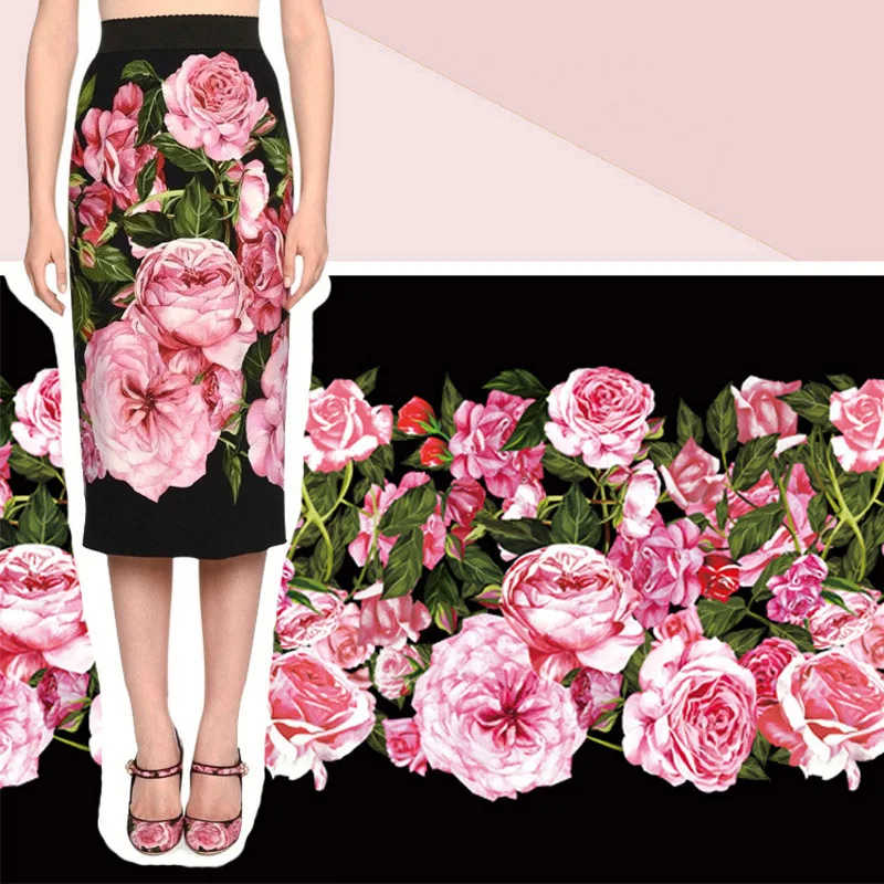 

Big Pink Rose Flower Printed Imitate Silk Satin Fabric For Woman Summer Skirt DIY Cloth Sewing Material By Position