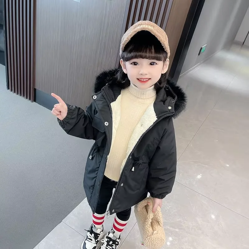 Girls Hooded Parka Coat Winter New Kids Fleece Lined Thick Warm Mid Length Cotton Padded Jacket Children Clothing 100-160CM