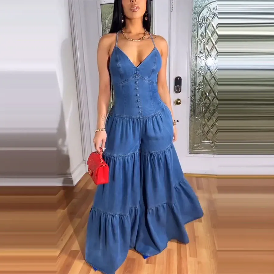

Women's Spaghetti Strap Buttoned Waist Cinched Ruffle Tiered Wide Leg Jumpsuit Slimming Comfortable Trendy Commuting Daily Wear