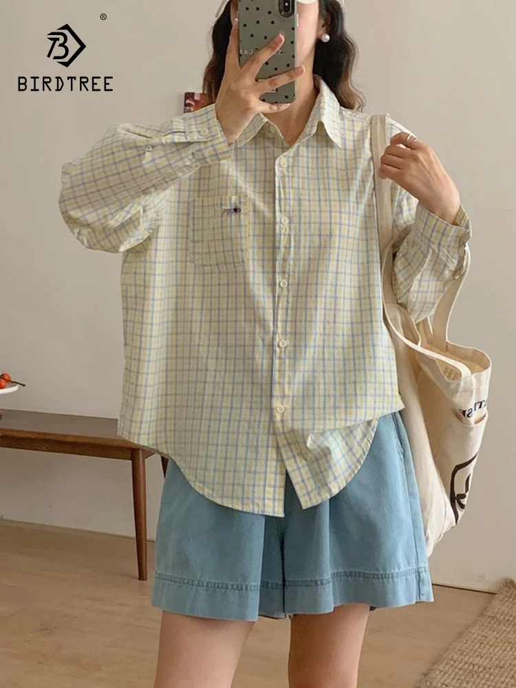 

New 2026 Spring Cotton Long Sleeve Shirt, Women Turn-down Collar Plaid Embroidery, Mori Girl Age Reduction Loose Blouse T61385CC