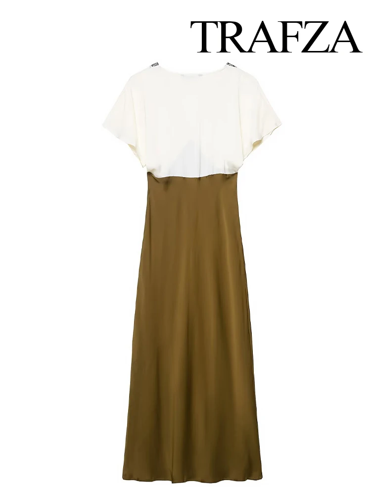 

HH Women New Fashion V-Neck Short Sleeve Midi Dress Summer Woman Lace Color Splicing Decoration Slim Elegant Dresses