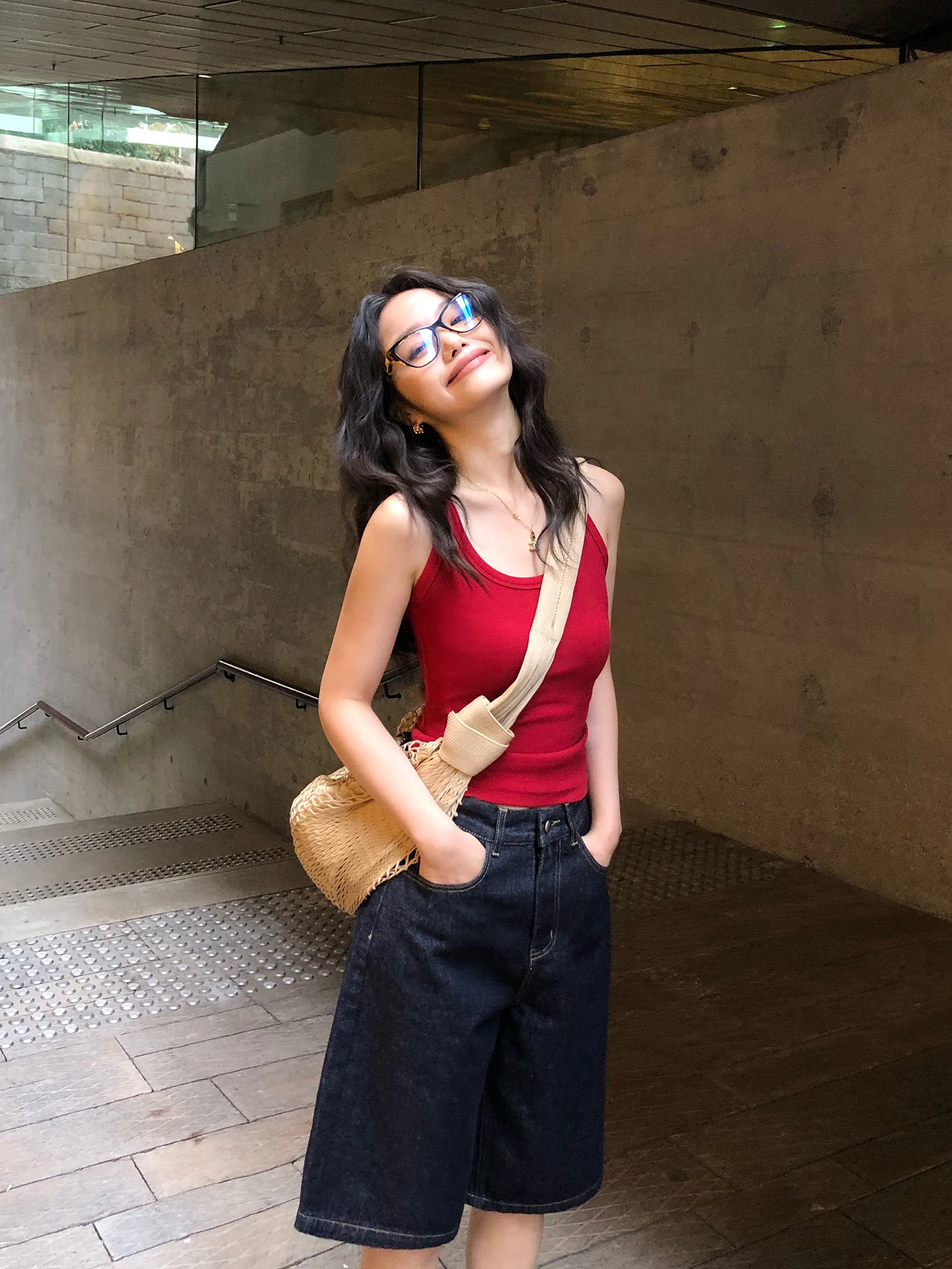 

Прямые синие джинсы с высокой талией Pusumede, женские повседневные свободные летние брюки больших размеров с пятью точками