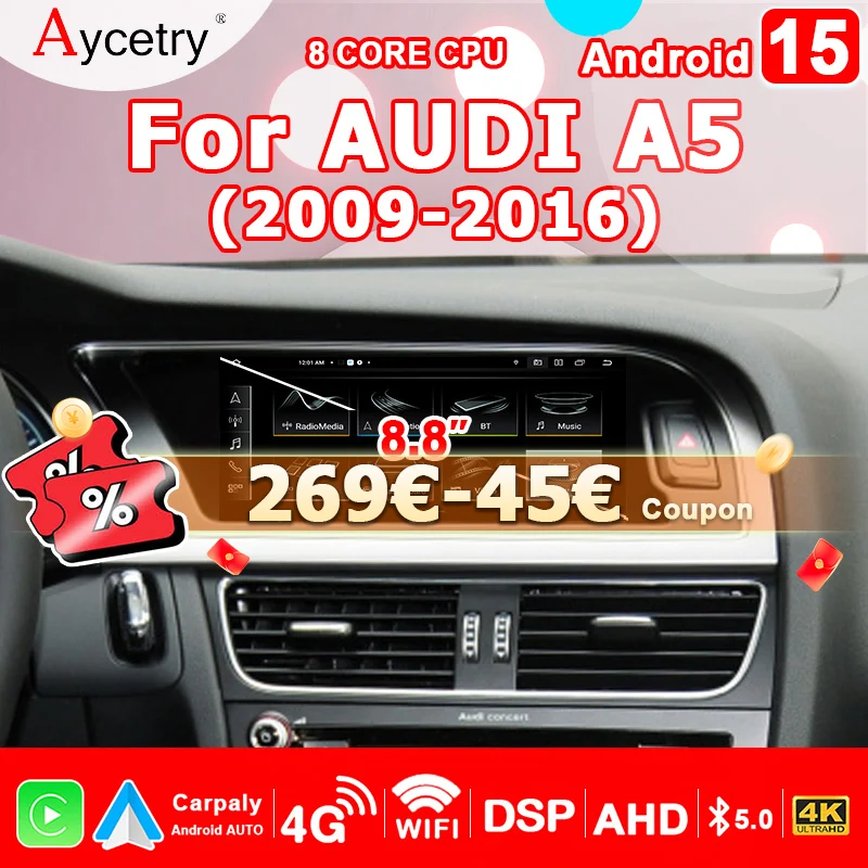 8.8 ''Wireless Carplay Android 14 Auto Car Radio Lettore Multimediale Schermo Per Audi A5 2009-2016 2din autoradio Stereo GPS 4G LTE