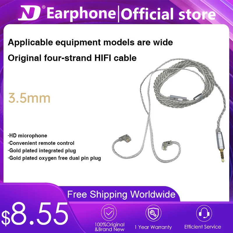 Kabel asli ND empat untai berlapis perak 3,5mm 0,75 pin ganda 0.78 kawat terupgrade dengan kabel earphone 2pin gandum.