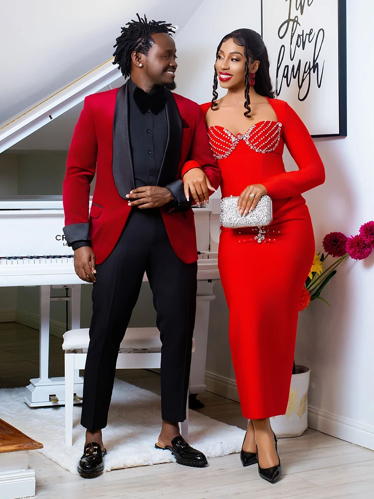 VC Radiant Red Long Sleeved Midi Dress with Crystal Embellishments for a Gala Event Evening Gown