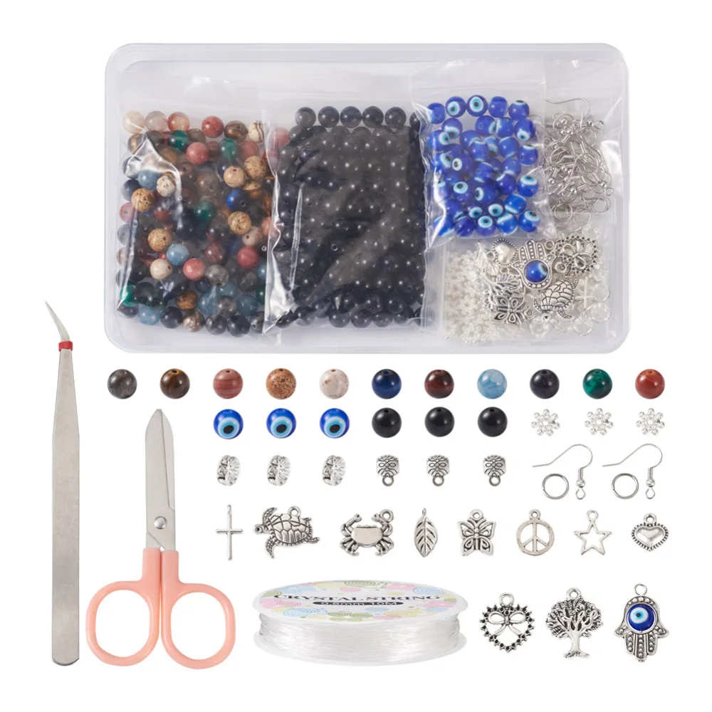 1Box DIY Earring Bracelet Making Kit Natural Stone Lampwork Beads Pendants for jewelry making With Earring Hooks Tweezer Scissor