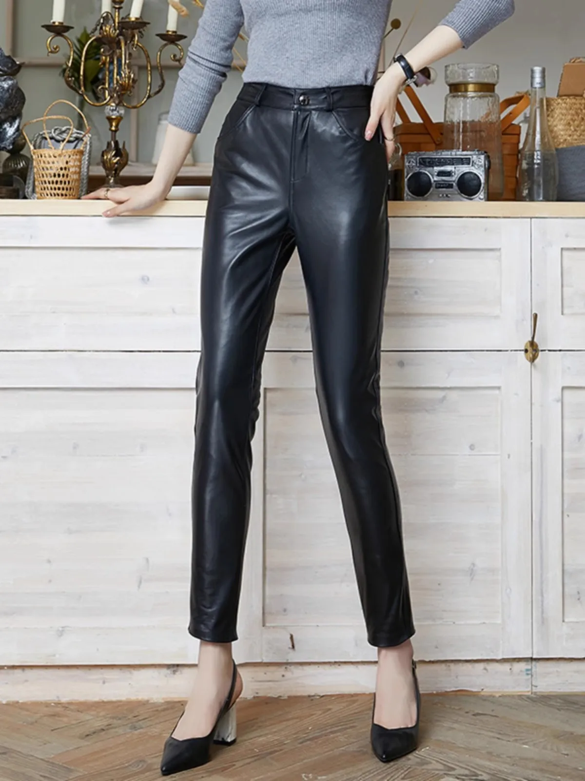 

Women's High Waist Genuine Sheepskin Leather Pants Slim Pencil Casual Autumn Winter Fashion