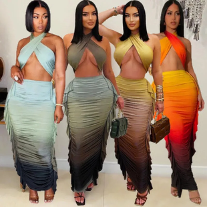 

Tropical Goddess Halter Neck Crop Top And Maxi Skirt Set Summer Women's Tie Dye Ruched Two-Piece Dress Night Clubwear