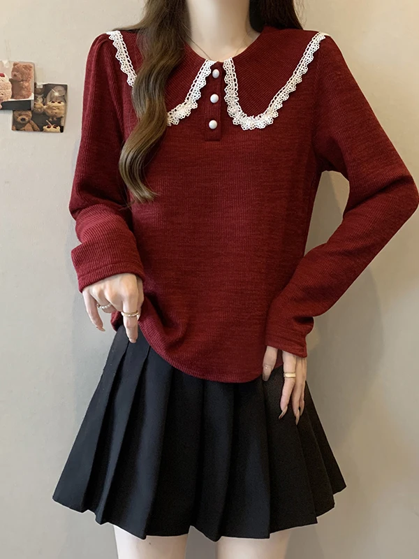 

Red Long Sve Lace Doll Collar irt Unique Anti-Aging Base irt for plus Size Women Autumn Winter Faion Korean Sle