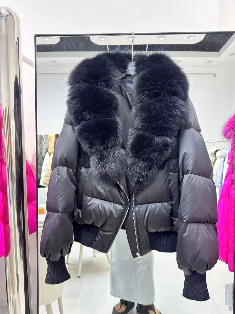 메니나 2025 신상 겨울 여성용 리얼 천연 여우털 칼라 화이트 덕다운 코트 여성용 두꺼운 따뜻한 숏 패딩 재킷 아우터