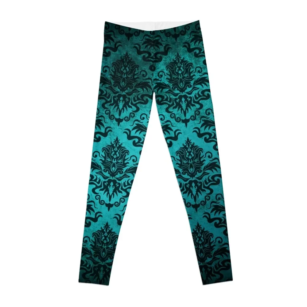 

Teal Damask Leggings Fitness's gym clothes sportswear gym Sports female Womens Leggings