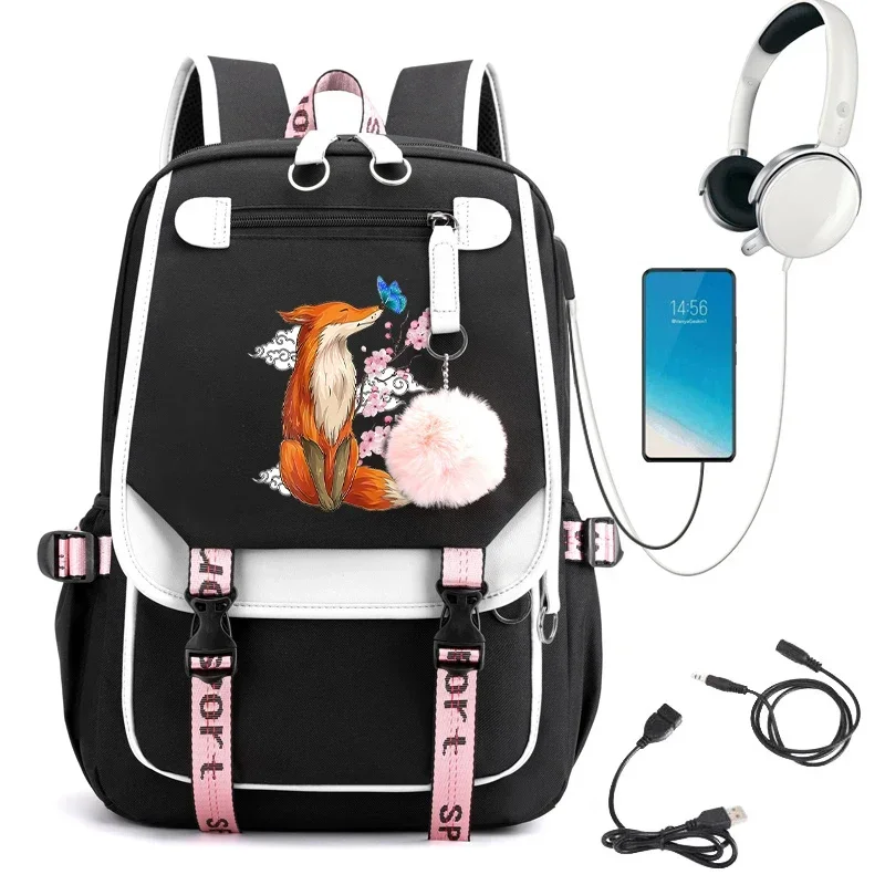 Fox Anime Mochila para Meninas, Bolsa de escola, Bagpack para Adolescente, Porta USB, Mochilas de Viagem para Laptop