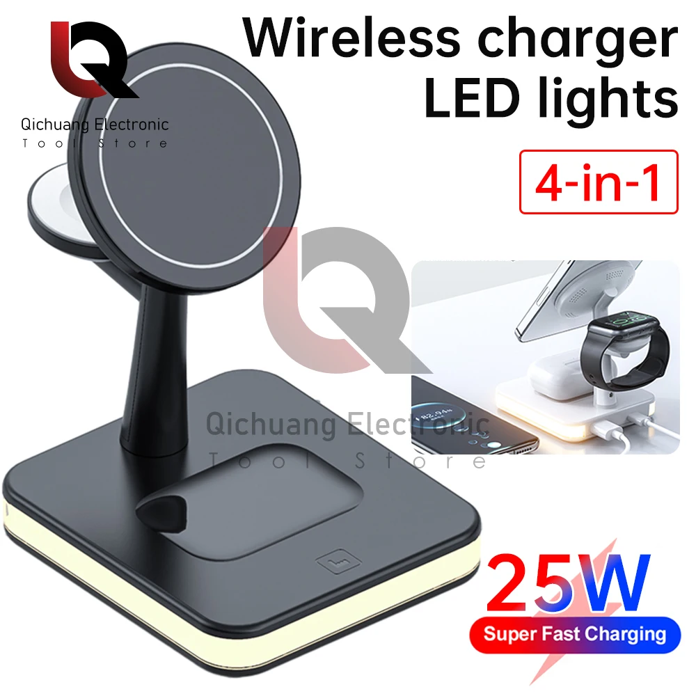 25W 4 in 1 Magnetic Wireless Charger Stand For iPhone 13/14/15 Smart Watch 8 7 6 5 Fast Charging Dock Station With LED Light