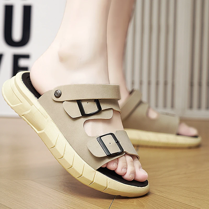 

Мужские летние тапочки, дышащие роскошные сандалии, пляжная обувь, классические кожаные мужские уличные домашние тапочки